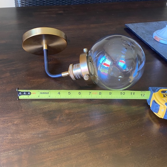 NIB- GORGEOUS BRASS WALL SCONCE WITH BLACK ARM AND GLASS GLOBE - Picture 6 of 15